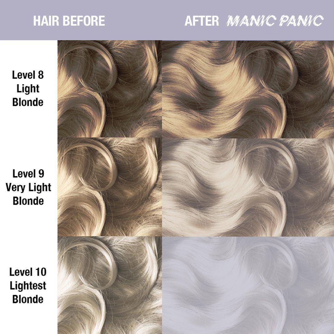 learn Portico cutter Manic Panic High Voltage Silver Stiletto kreminiai nuplaunami trumpalaikiai  plaukų dažai - toneris - NO HARSH